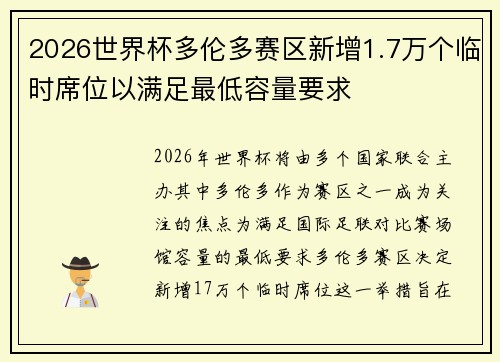 2026世界杯多伦多赛区新增1.7万个临时席位以满足最低容量要求 2026世界杯多伦多赛区新增1.7万个临时席位以满足最低容量要求